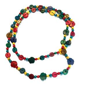 Extra Long Multi Color Station Wood Bead Boho Necklace 90's Vintage